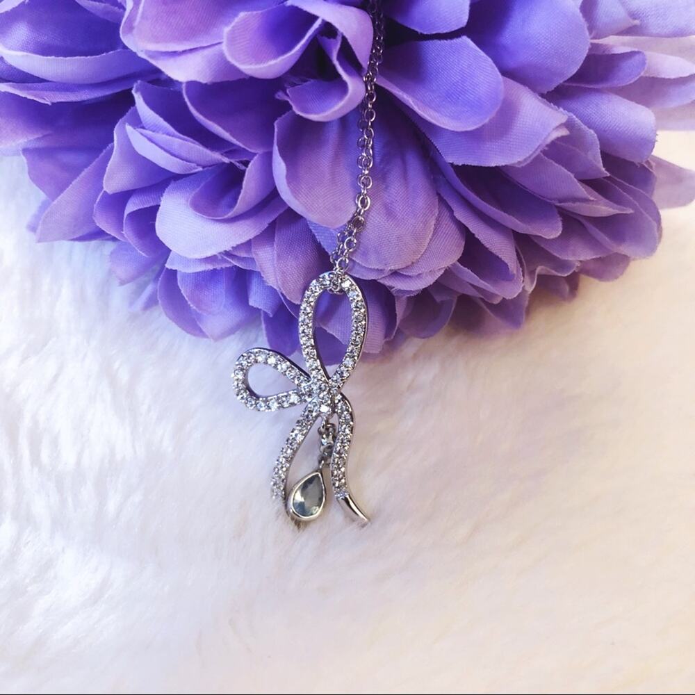 Silver Ribbon with Blue Crystal Necklace - Picture 3 of 10